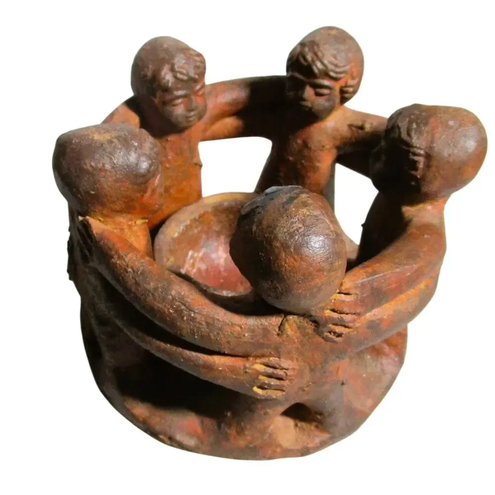 Bronze Circle of Men Tea Light Candle Holder Rustic Metal Unity Sculpture 4 inch